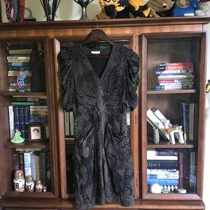 Super cute olive green and black snakeskin print cocktail dress, size US 4.